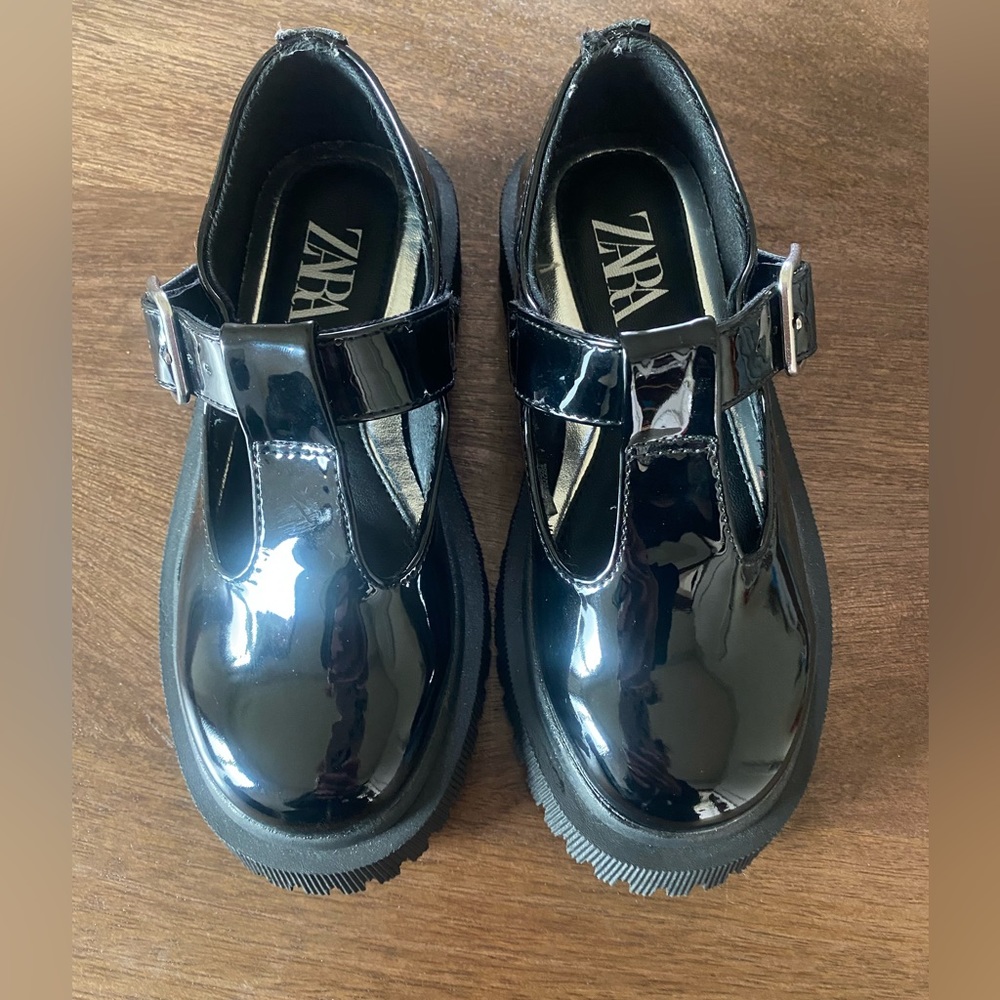 Girls Zara Patent Shiny Black Mary Jane T Strap Shoes
